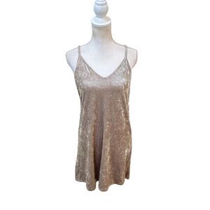 Say What? V neck slip mini dress crushed stretch velvet in taupe size medium